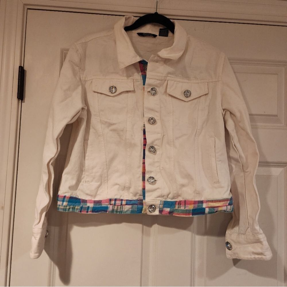 Moka Sport white denim plaid trim jacket M